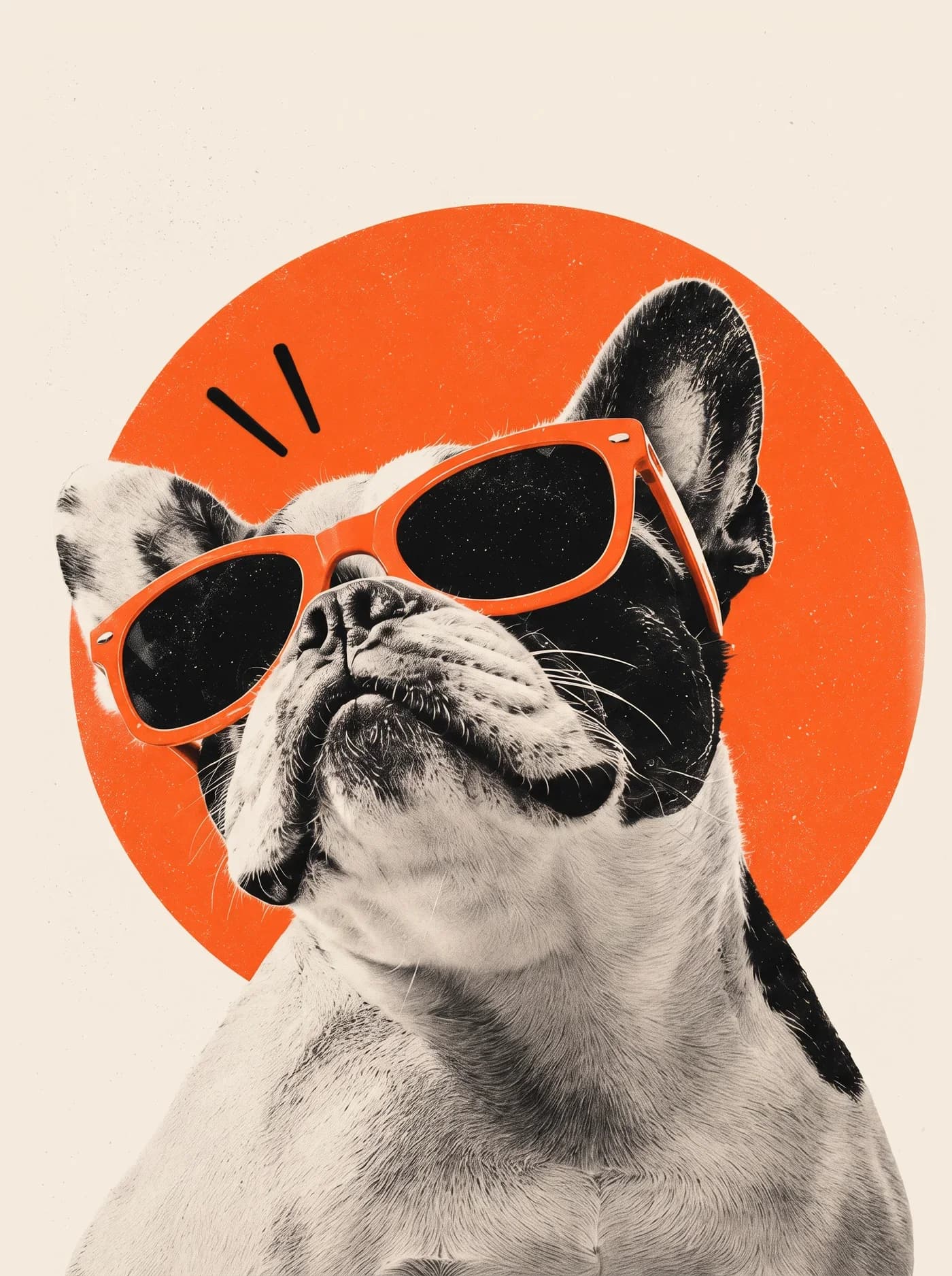 Turuncu güneş gözlüklü Fransız bulldog, turuncu bir dairenin önünde